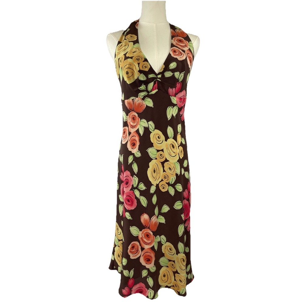 A.B.S by Allen Schwartz Y2K 100% Silk Babydoll Floral Midi Dress Size 8 Coquette